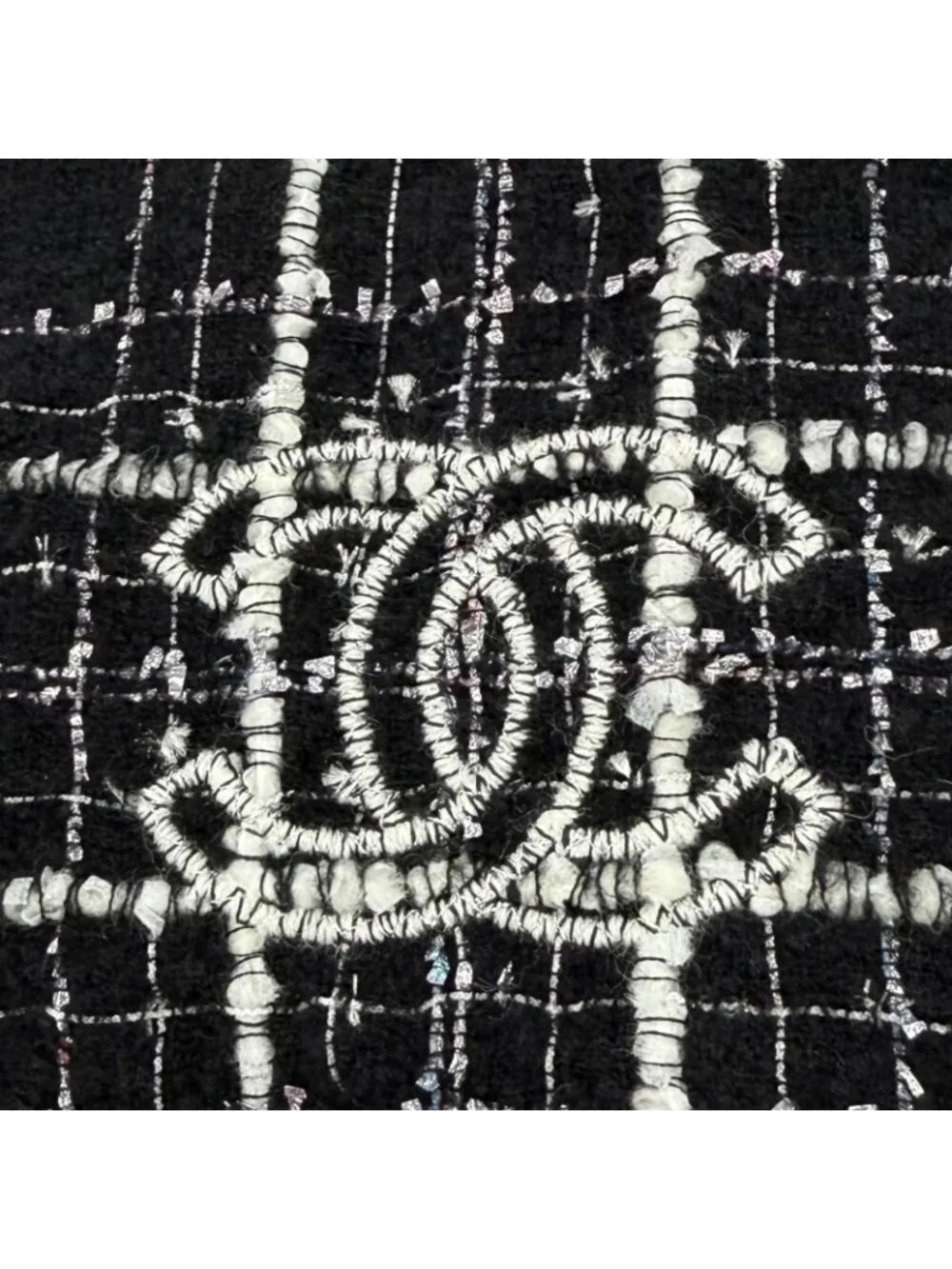 Chanel Cashmere Silk Blend CC Logo Ribbon Plaid Fringe Large Shawl Black Scarf